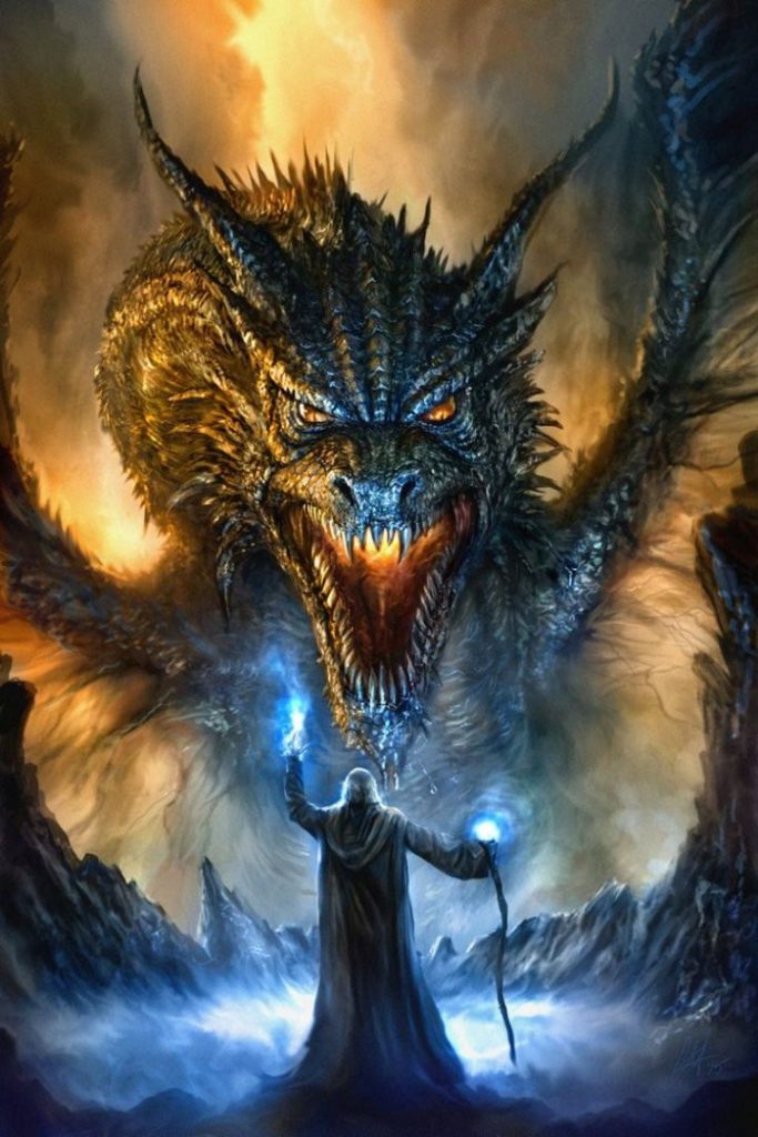 Wizard confronts a roaring dragon amid fiery clouds
