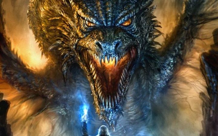 Wizard confronts a roaring dragon amid fiery clouds