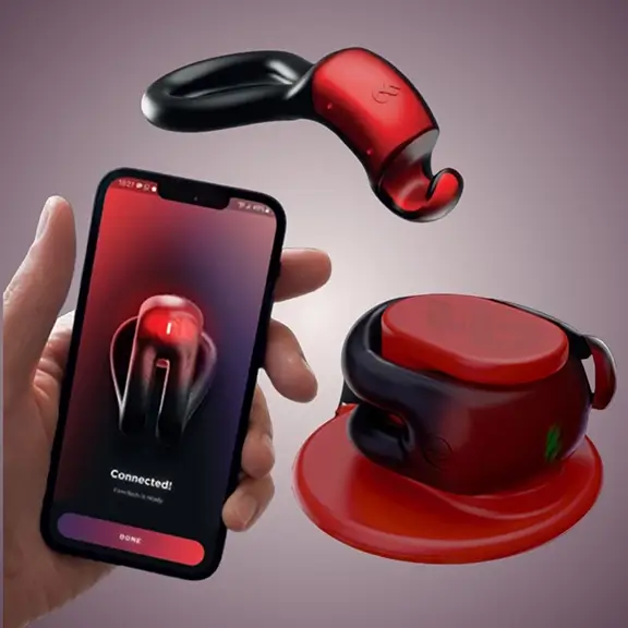 Smartphone pairing with red and black wireless earbuds