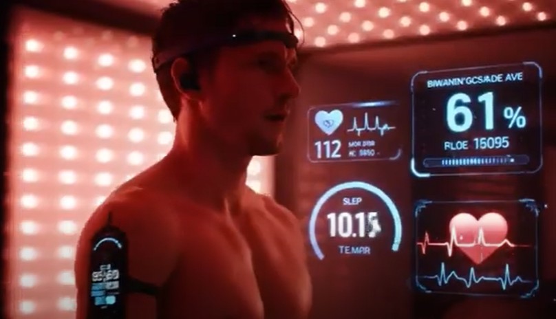 Man wearing biometric headset beside holographic health data displays